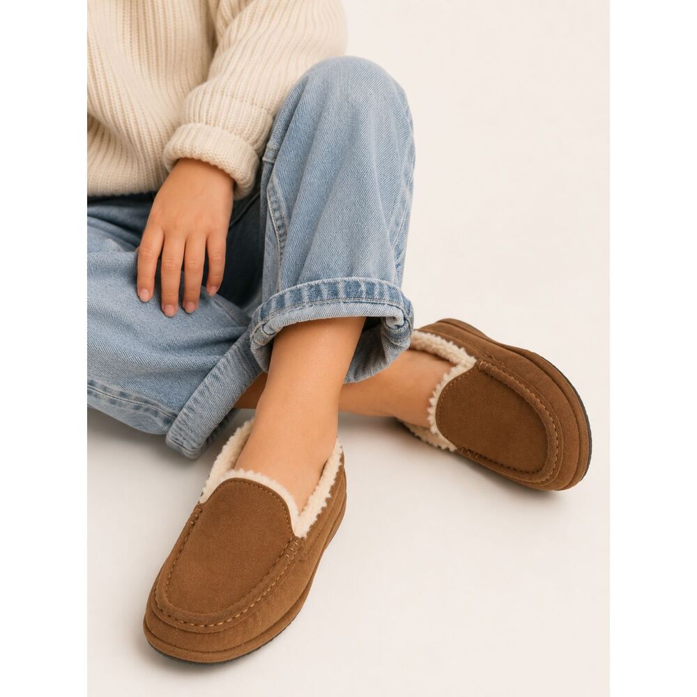 New UGG Ascot Kids Size 3 Chestnut Suede Shearling Lined Loafer Slippers Shoes